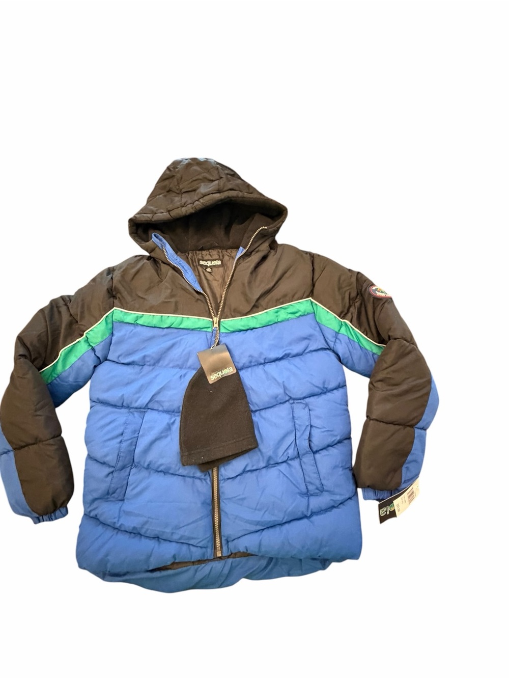 NWT $85 Sequoia Hooded Puffer Jacket Coat Boys Size 18/20 W/Hat Blue Black Green